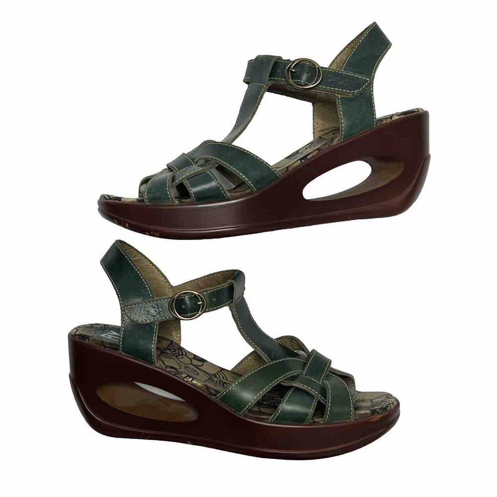 Fly London Size 39 8.5 T-strap Green Cutout Leather Wedge Sandals Retro Boho